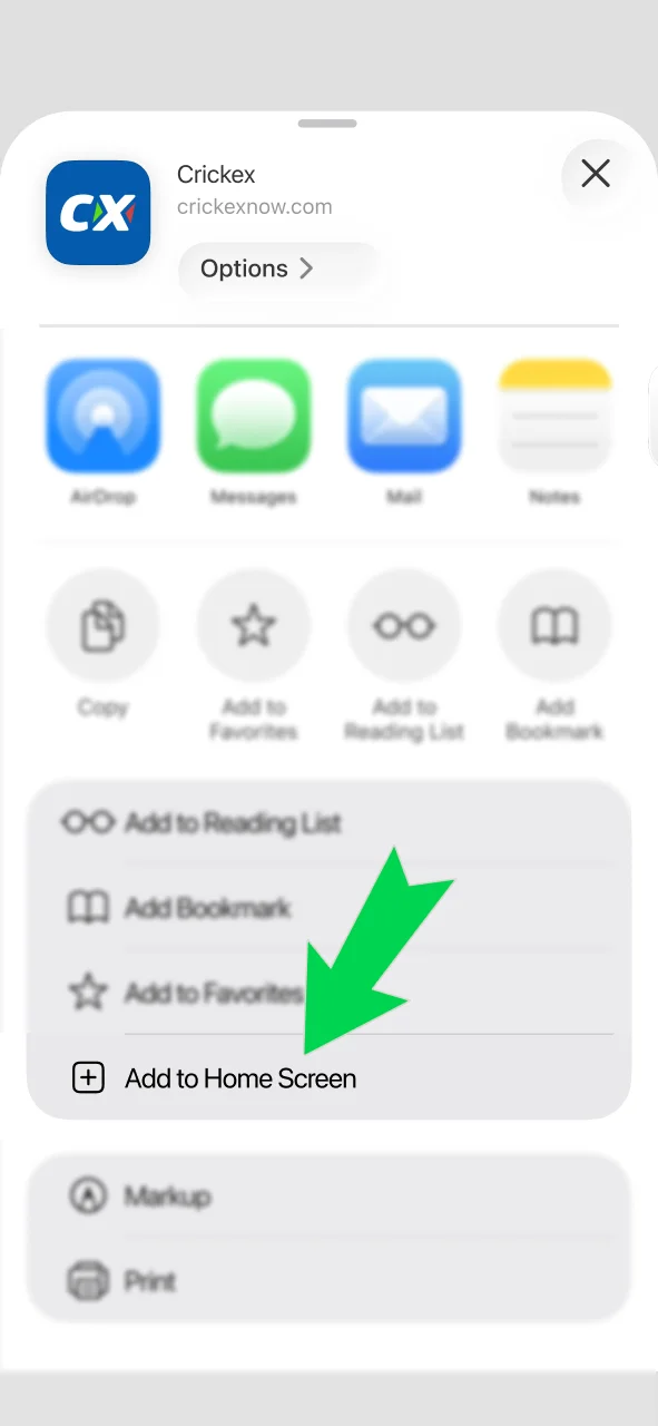 Add the Crickex app to your home screen using the Share button.