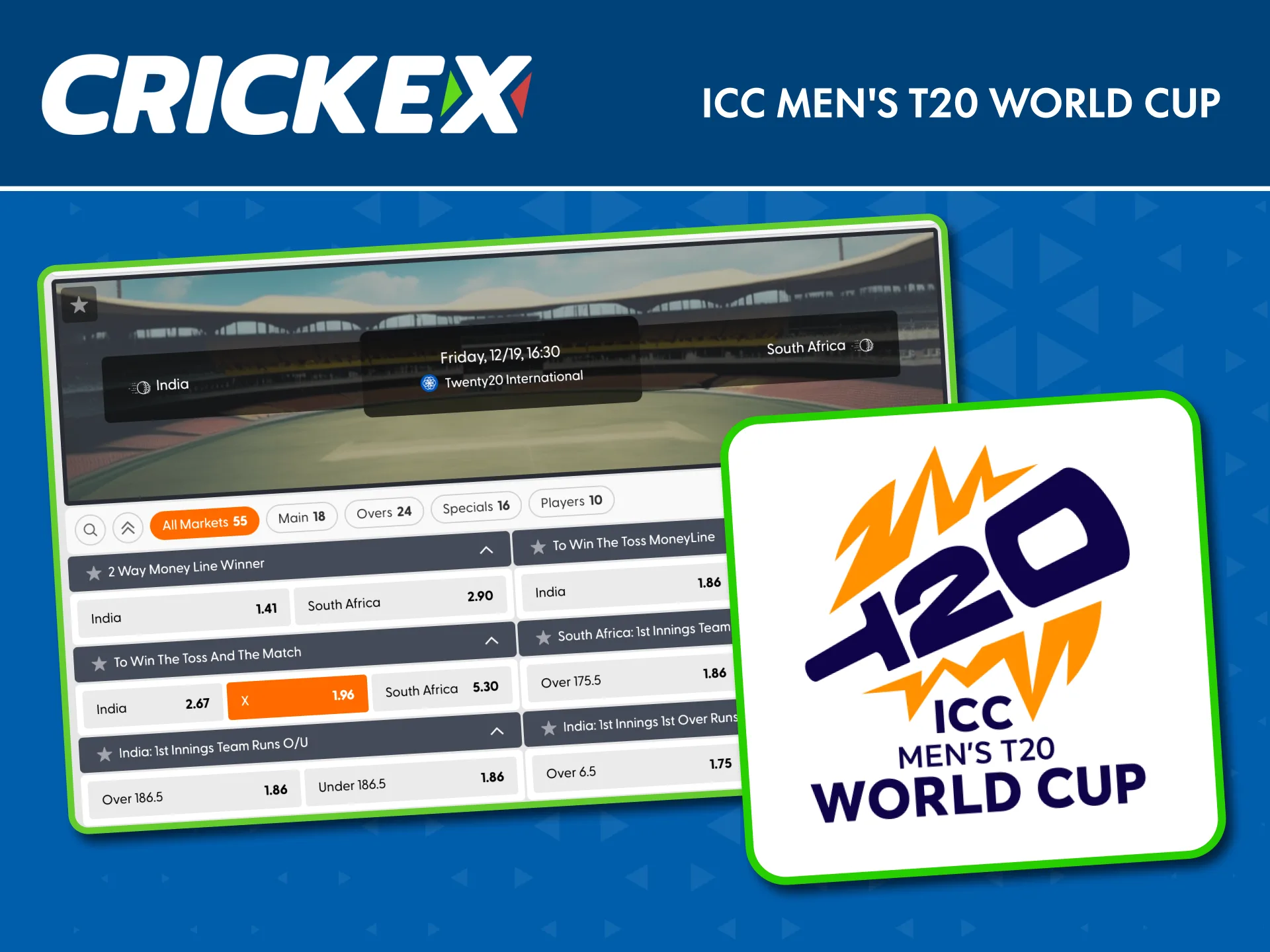 Bet on the ICC Men's T20 World Cup with live odds on Crickex.
