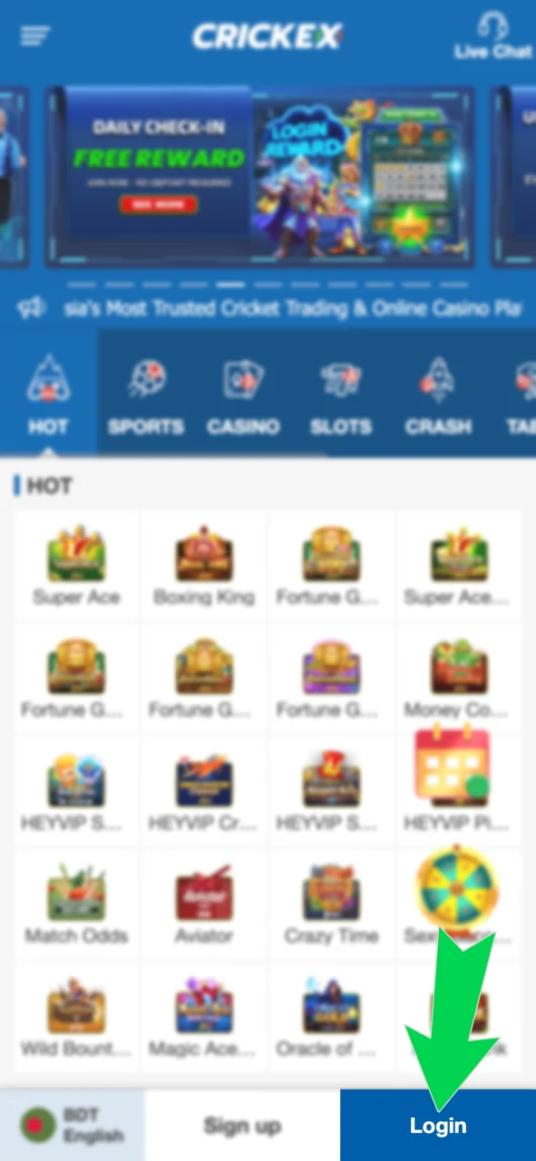 Log in to your Crickex account, enter your username and password.