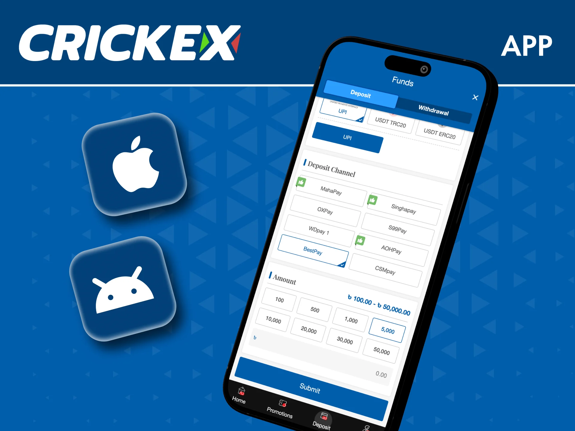 Make fast deposits and withdrawals in the Crickex app and manage your balance anytime.