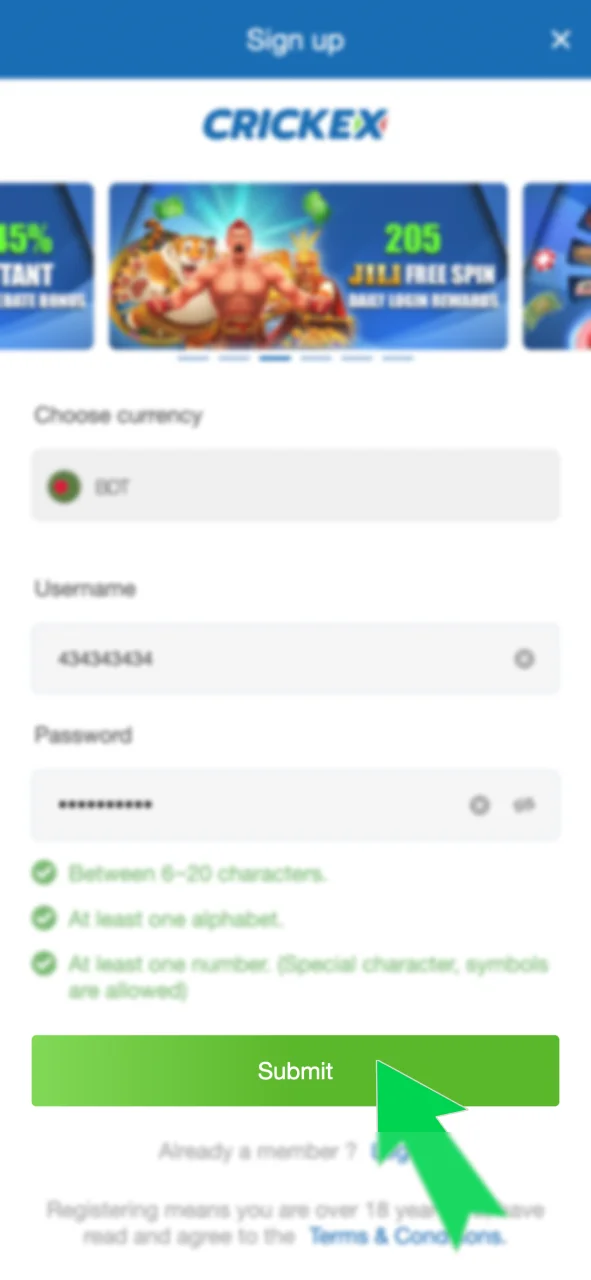 Click Submit to complete your Crickex registration now.