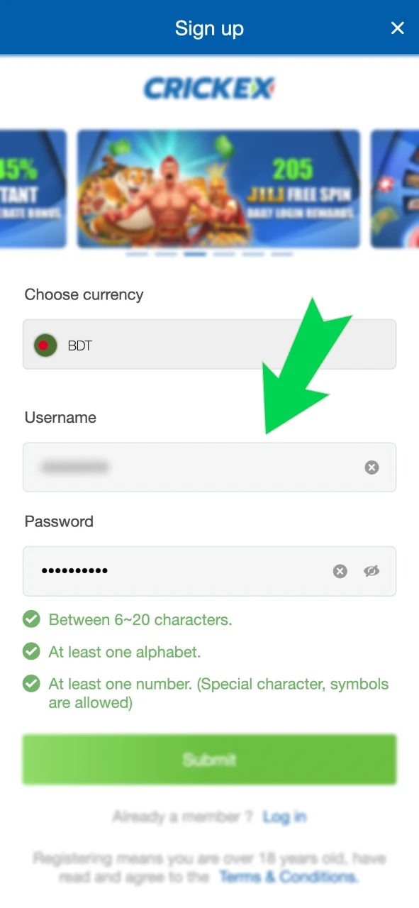 Fill in your details on Crickex and create username and password.